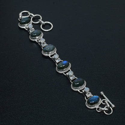 Grey Labradorite & White Moonstone Sterling Silver Bracelet