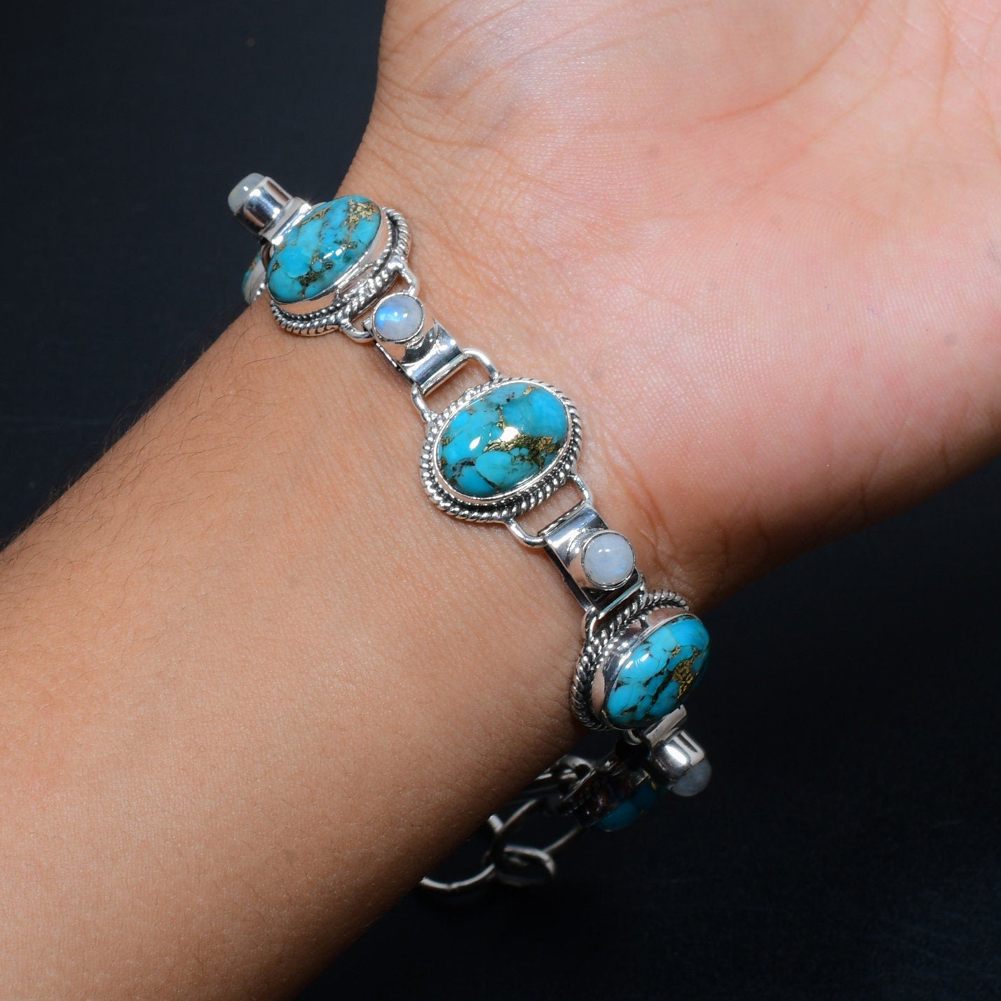 Blue Copper Turquoise & Moonstone Gemstone Bracelet