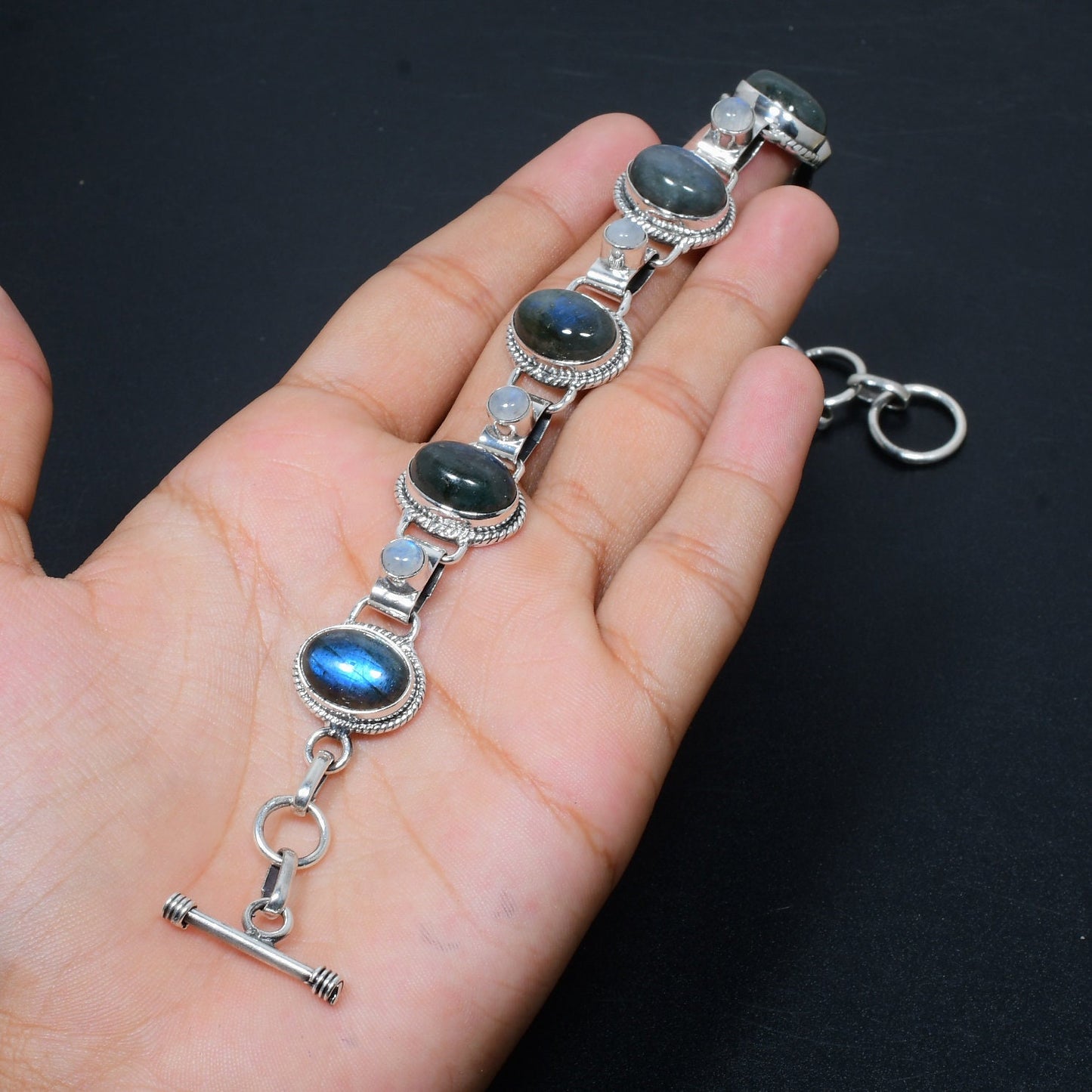 Grey Labradorite & White Moonstone Sterling Silver Bracelet