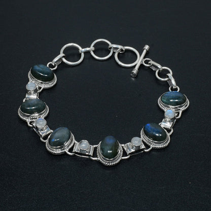 Grey Labradorite & White Moonstone Sterling Silver Bracelet