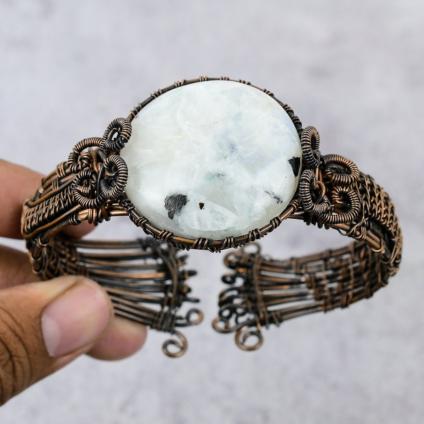 Rainbow Moonstone Gemstone Copper Bangle