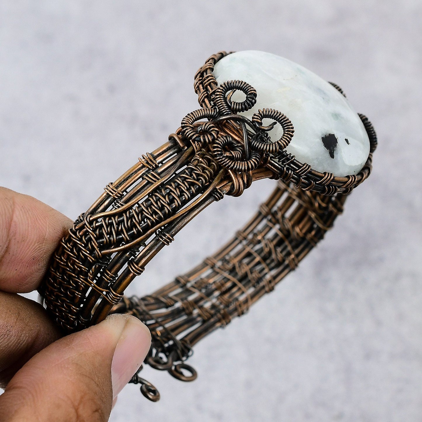 Rainbow Moonstone Gemstone Copper Bangle