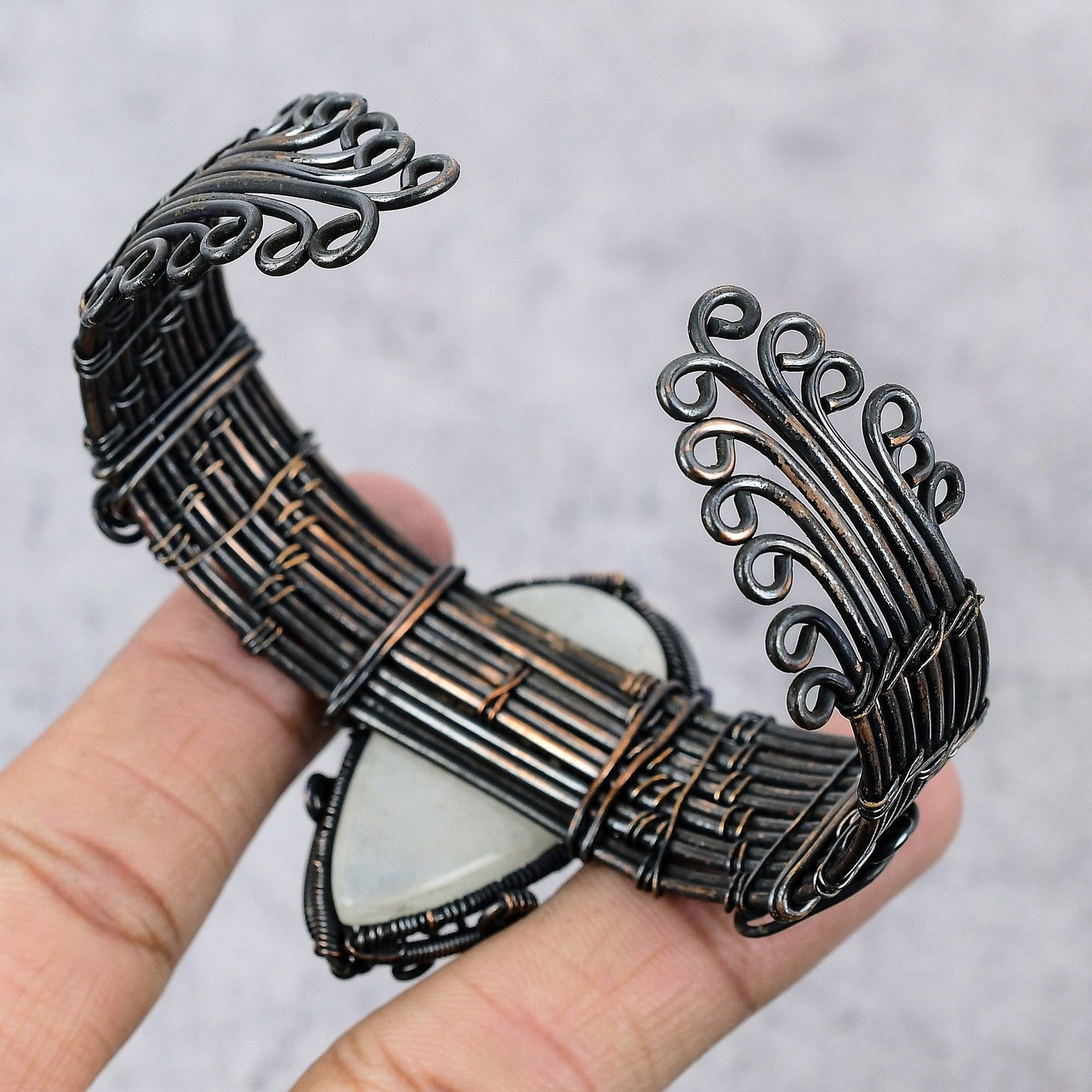 Rainbow Moonstone Gemstone Copper Bangle