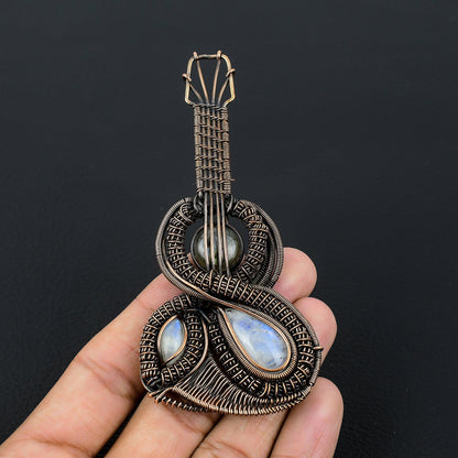 Rainbow Moonstone Labradorite Gemstone Guitar Pendant