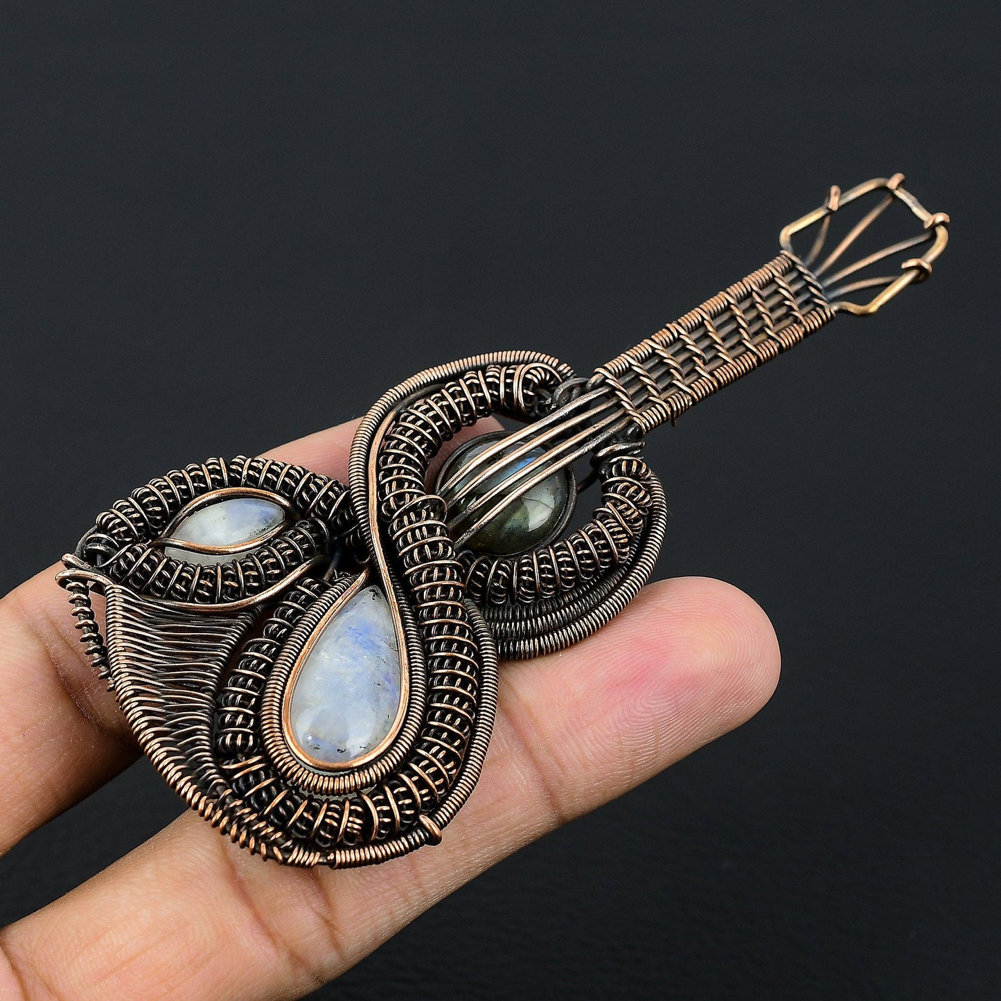 Rainbow Moonstone Labradorite Gemstone Guitar Pendant