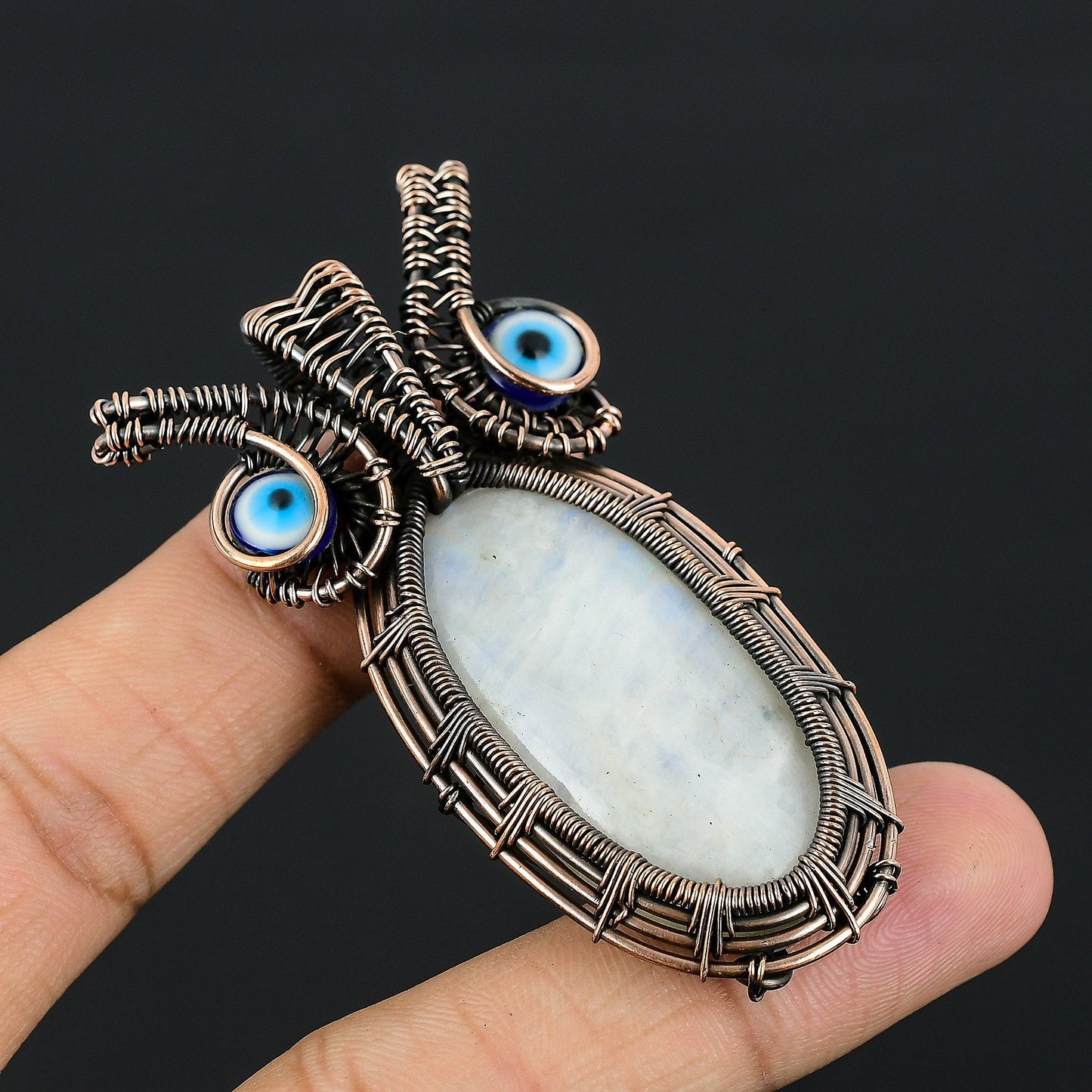 Blue Moonstone Gemstone Owl Pendant