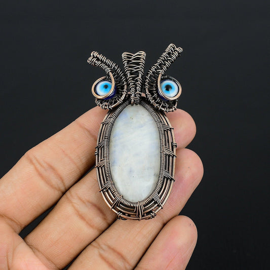 Blue Moonstone Gemstone Owl Pendant