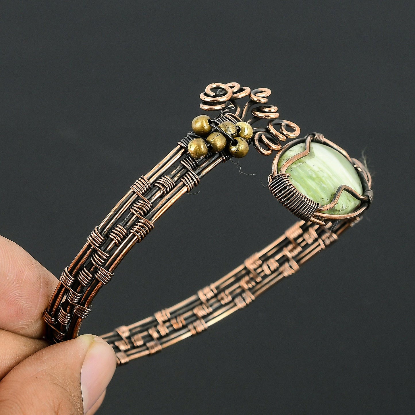 Green Swiss Opal Gemstone Copper Cuff Bracelet