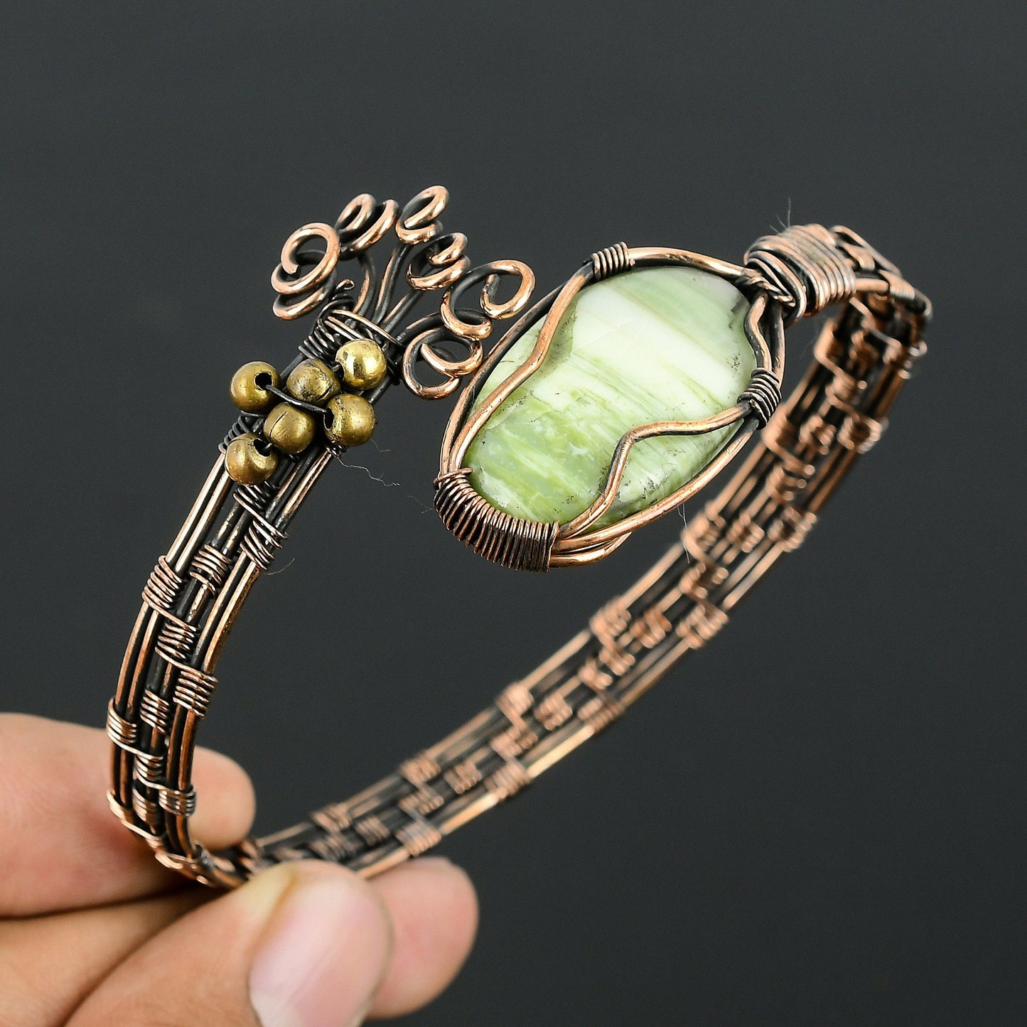 Green Swiss Opal Gemstone Copper Cuff Bracelet