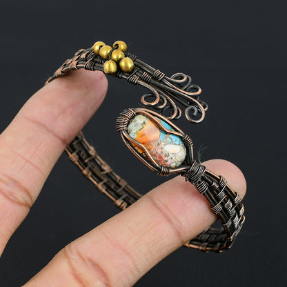 Orange Spiny Oyster Gemstone Wire Wrapped Copper Bracelet