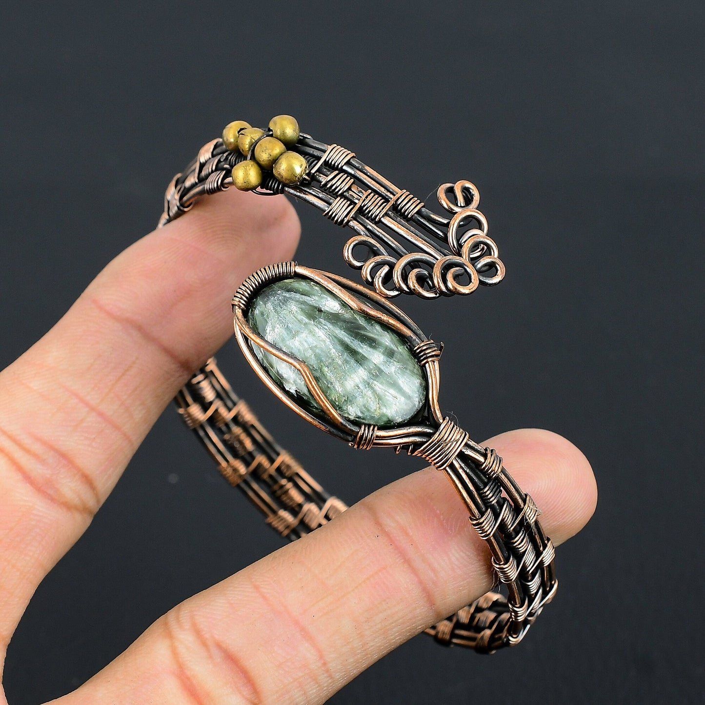 Green Seraphinite Gemstone Copper Cuff Bracelet