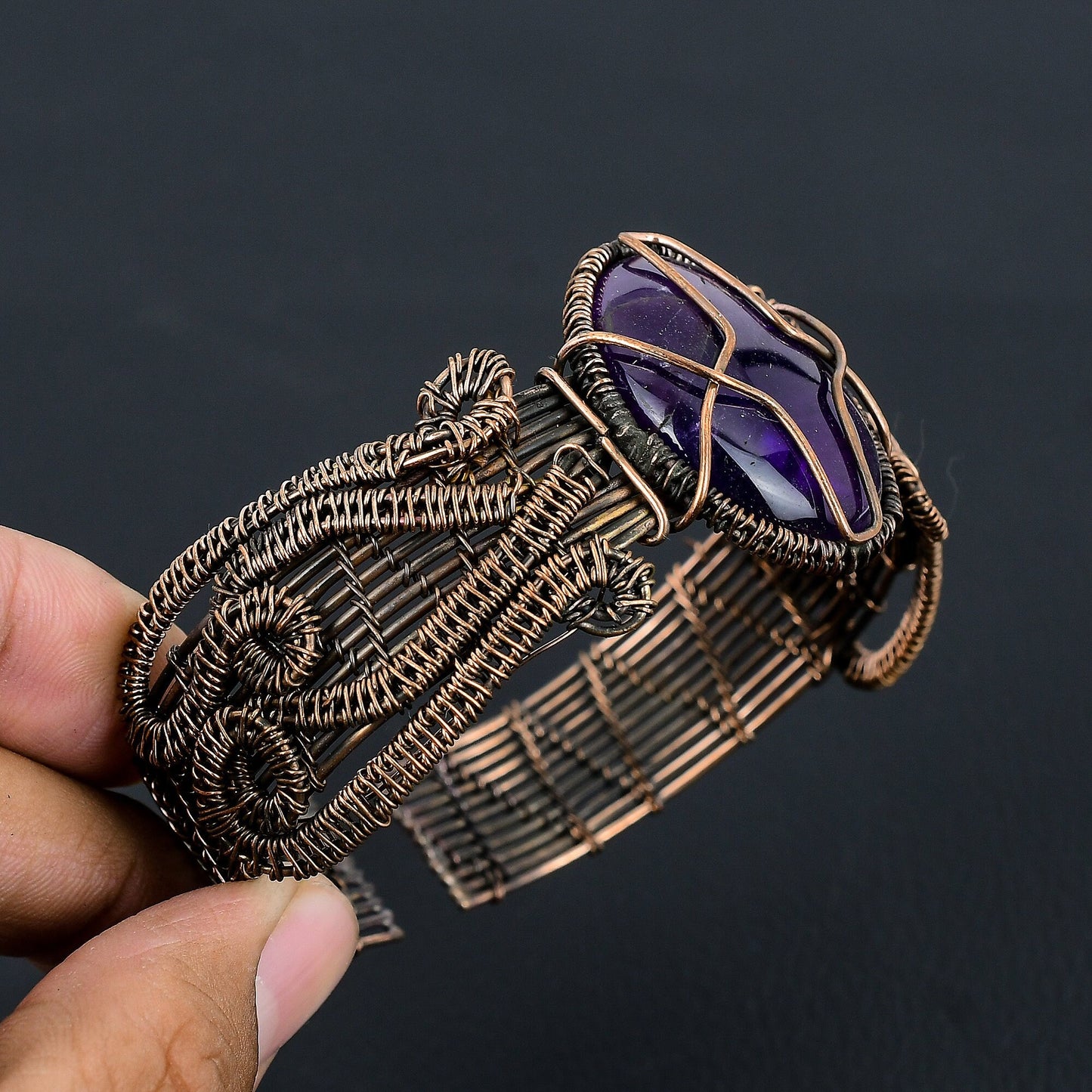 Purple Amethyst Gemstone Copper Cuff Bracelet