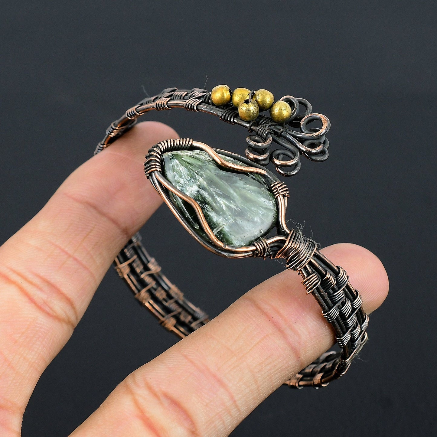 Green Seraphinite Gemstone Copper Cuff Bracelet