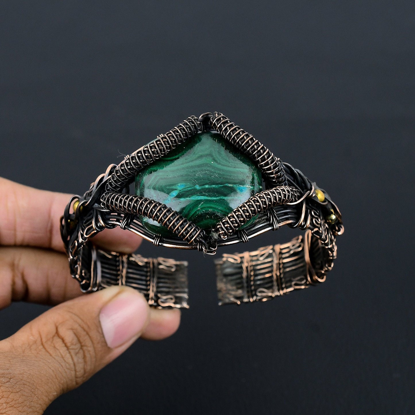 Green Malachite Gemstone Copper Cuff Bracelet