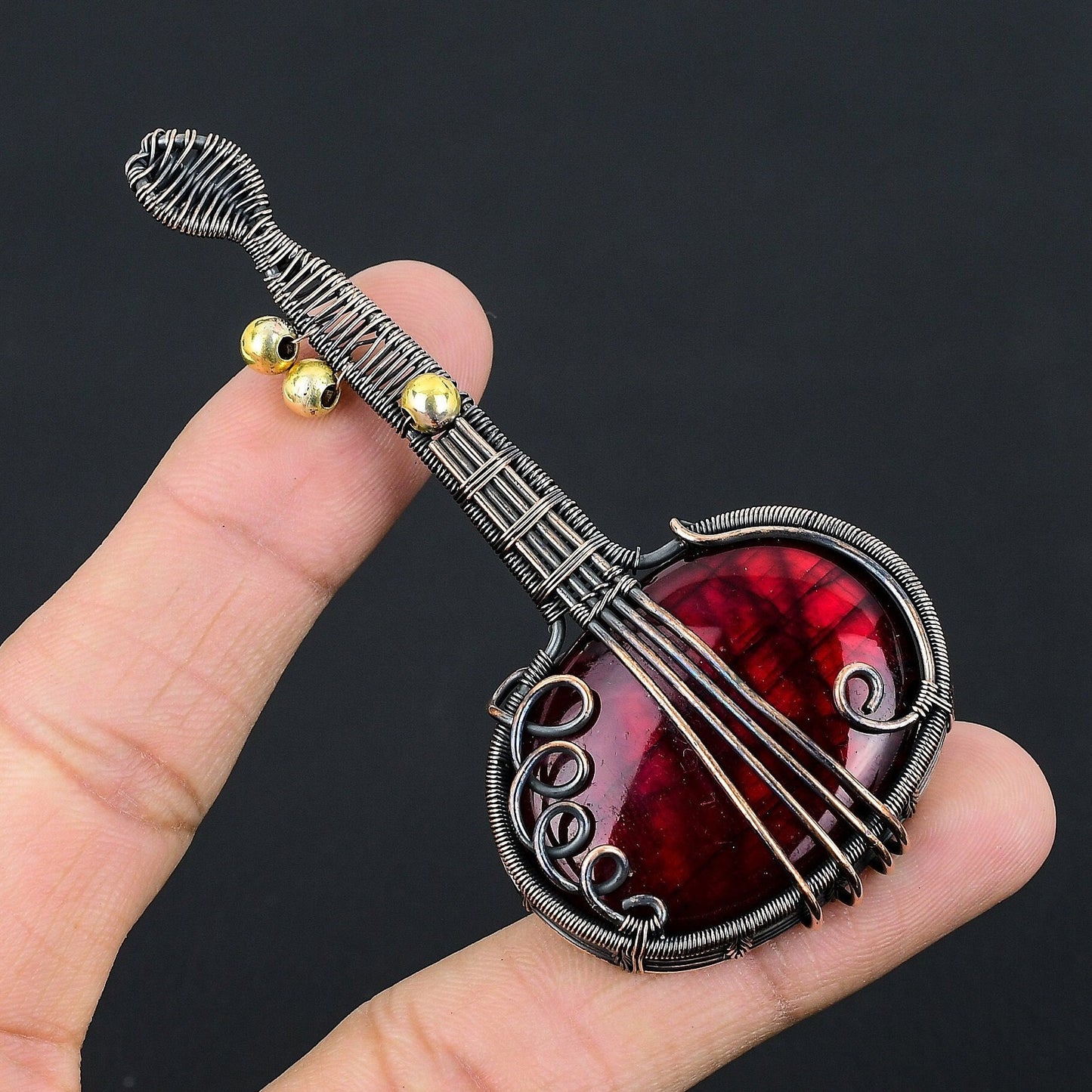 Red Labradorite Gemstone Guitar Pendant
