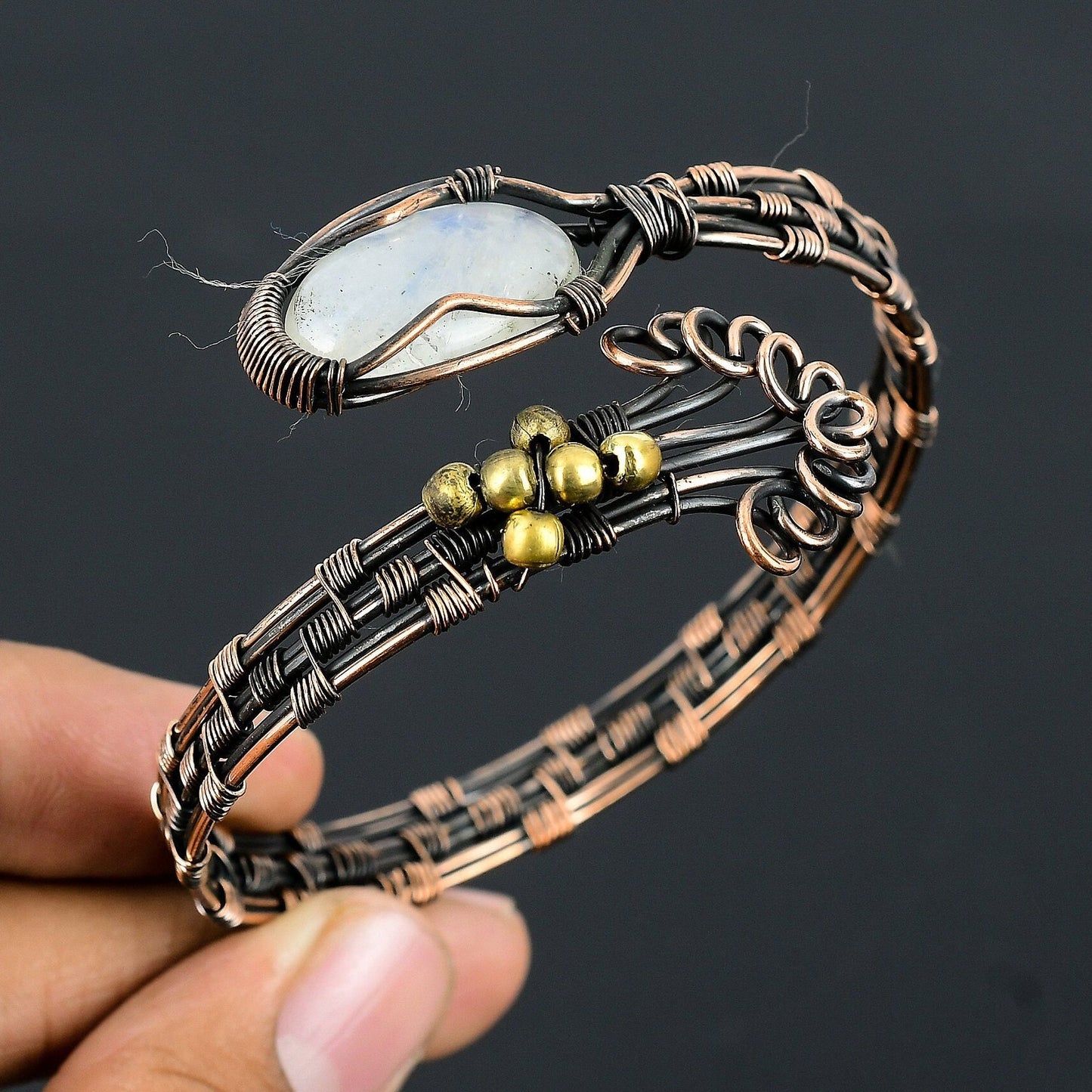 White Moonstone Gemstone Copper Cuff Bracelet