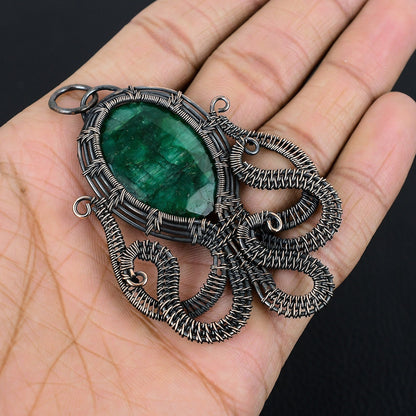 Green Emerald Gemstone Octopus Pendant