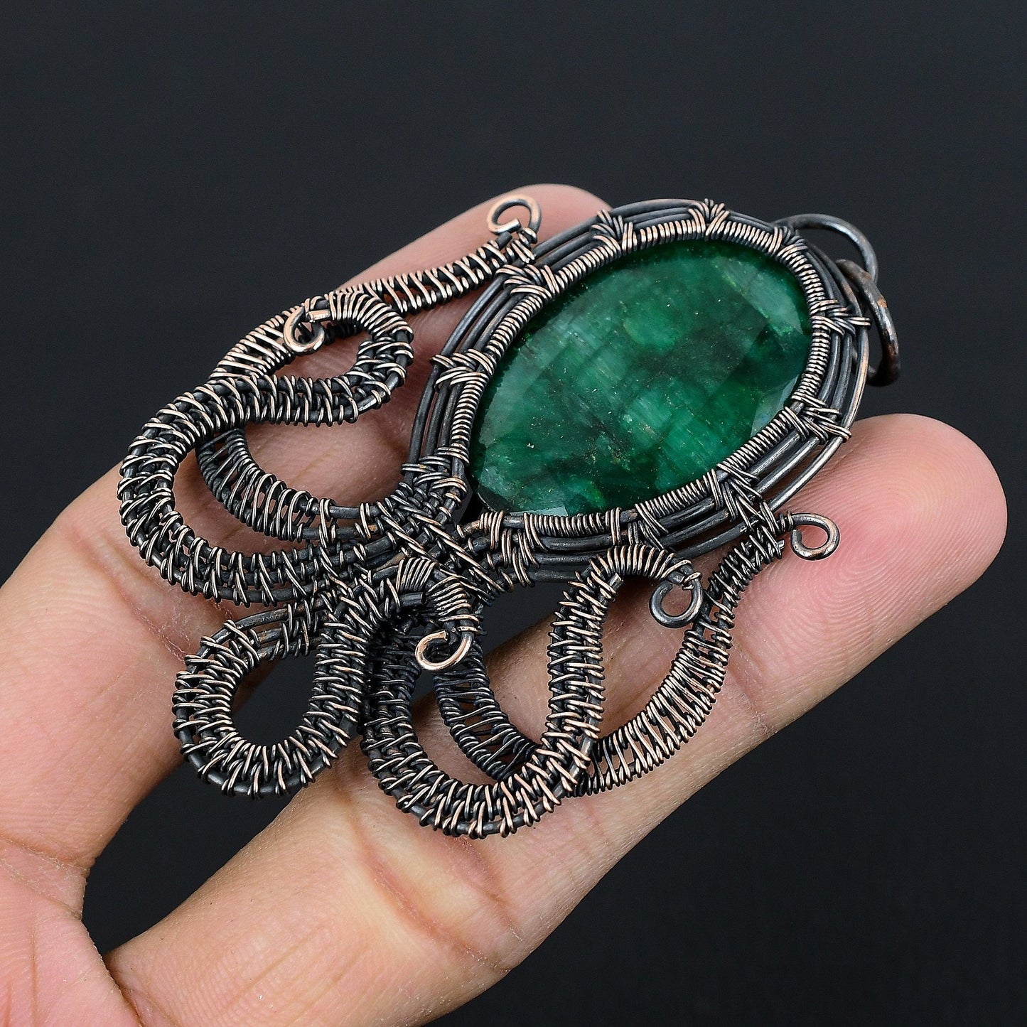 Green Emerald Gemstone Octopus Pendant