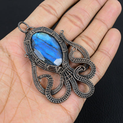 Blue Labradorite Octopus Gemstone Pendant