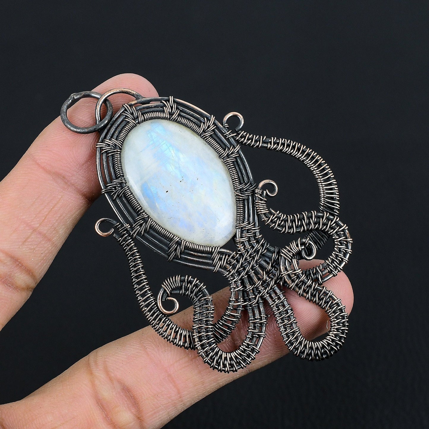 Copper Octopus Moonstone Gemstone Pendant