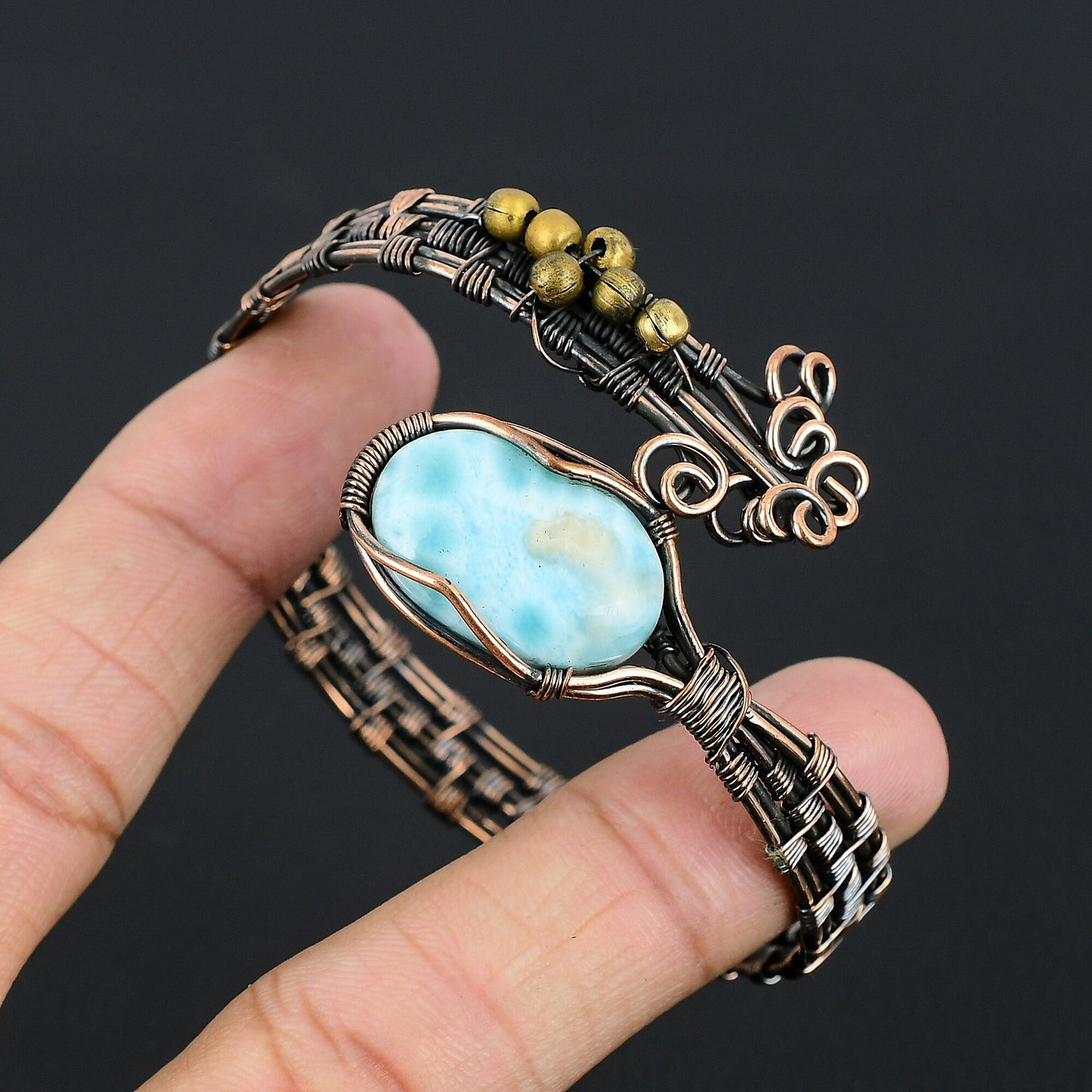 Blue Larimar Gemstone Copper Cuff Bracelet