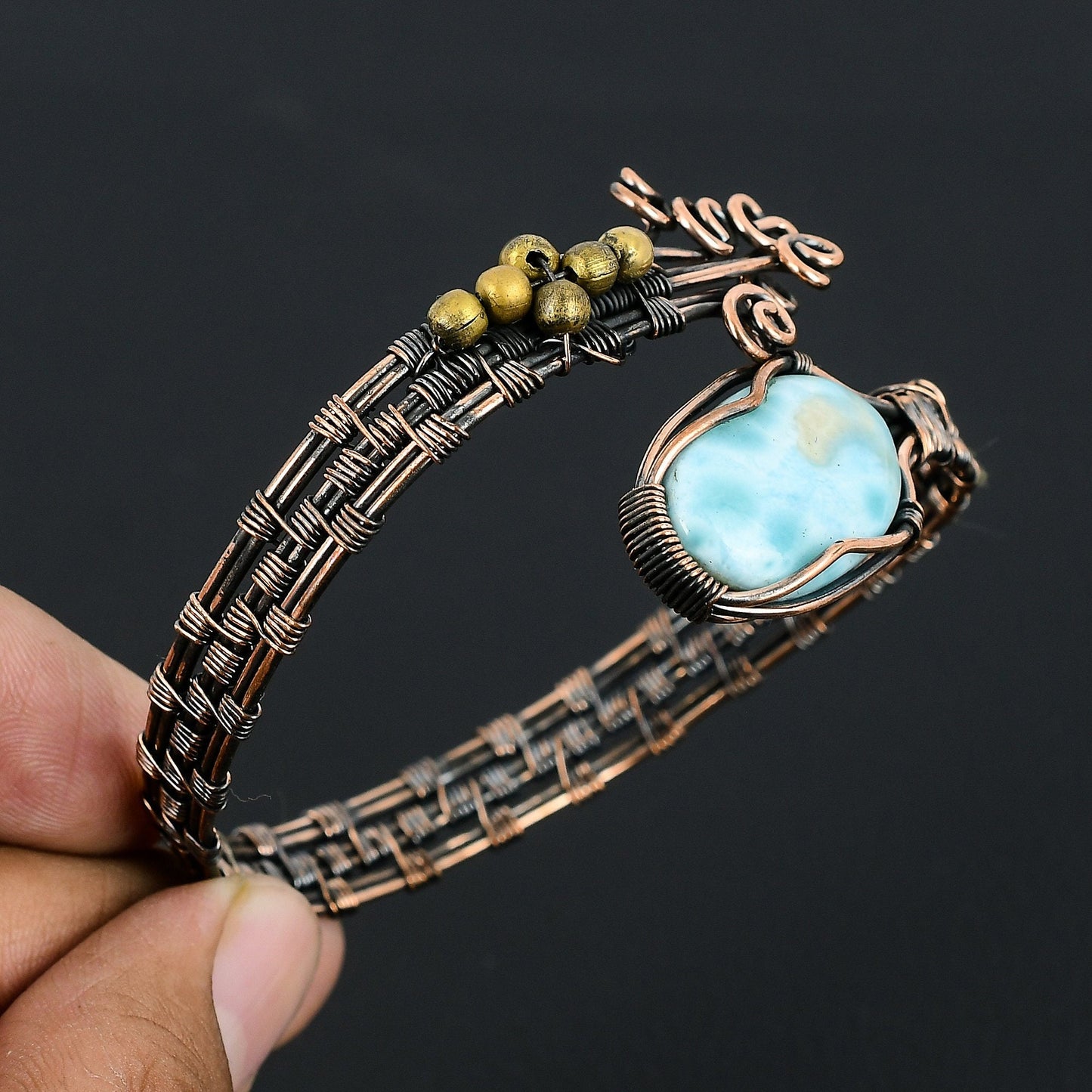 Blue Larimar Gemstone Copper Cuff Bracelet