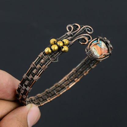 Orange Spiny Oyster Gemstone Wire Wrapped Copper Bracelet