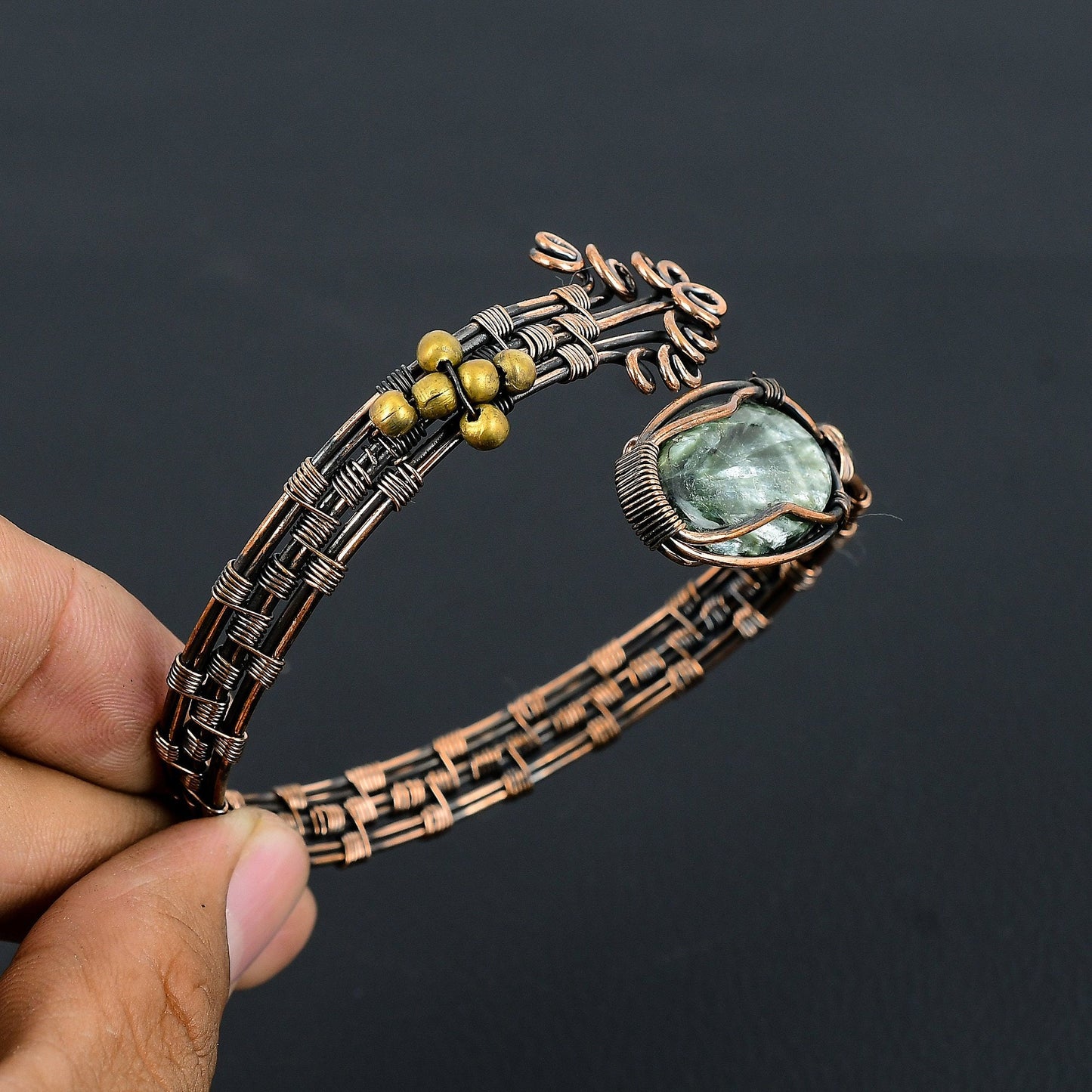 Green Seraphinite Gemstone Copper Cuff Bracelet