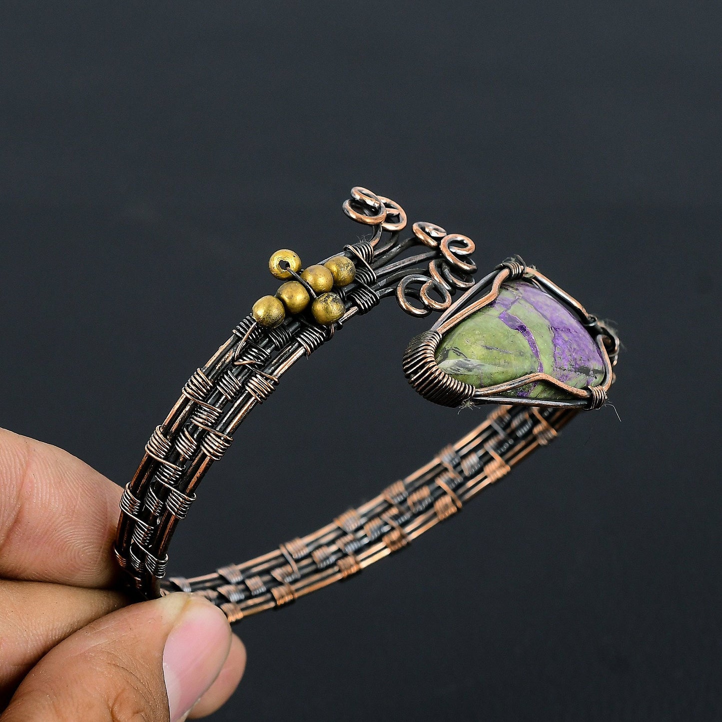 Purple Purpurite Gemstone Copper Cuff Bracelet