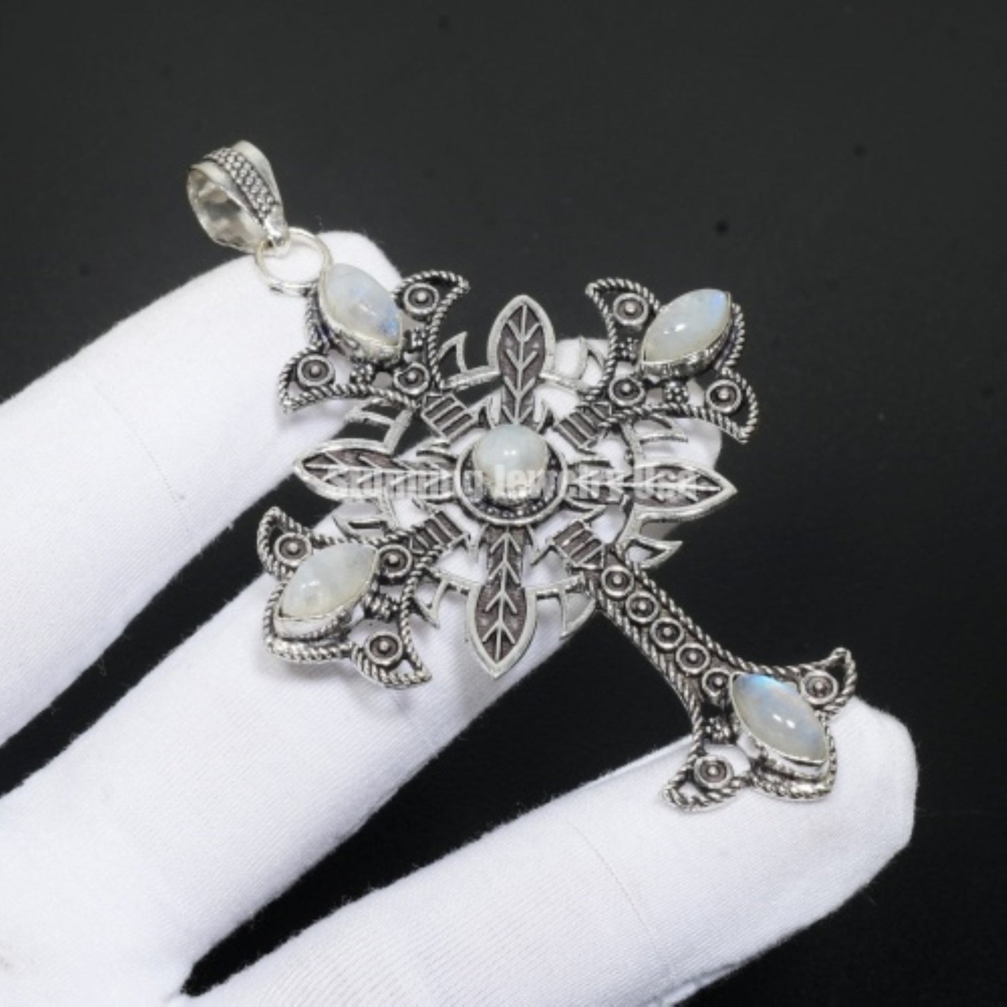 Rainbow Moonstone Gemstone Sterling Silver Cross Pendant