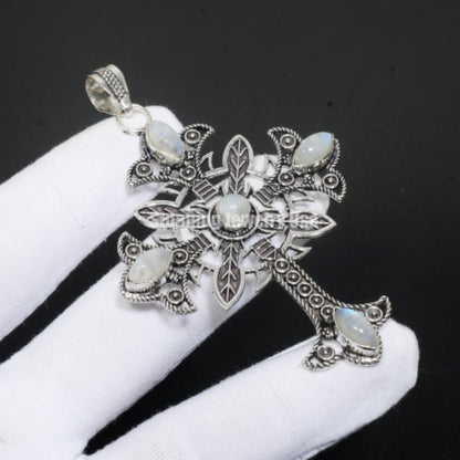 Rainbow Moonstone Gemstone Sterling Silver Cross Pendant