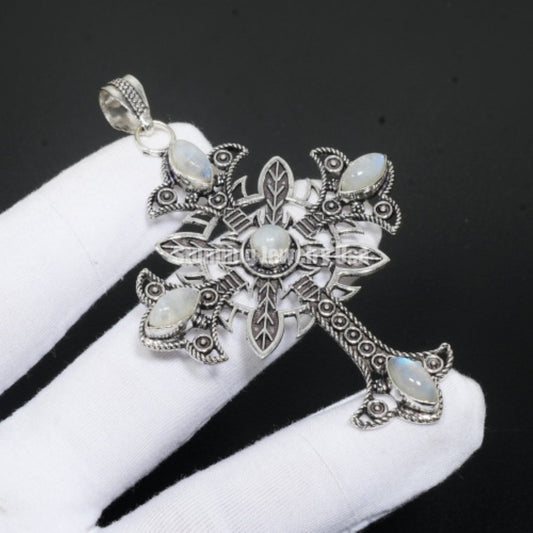 Rainbow Moonstone Gemstone Sterling Silver Cross Pendant