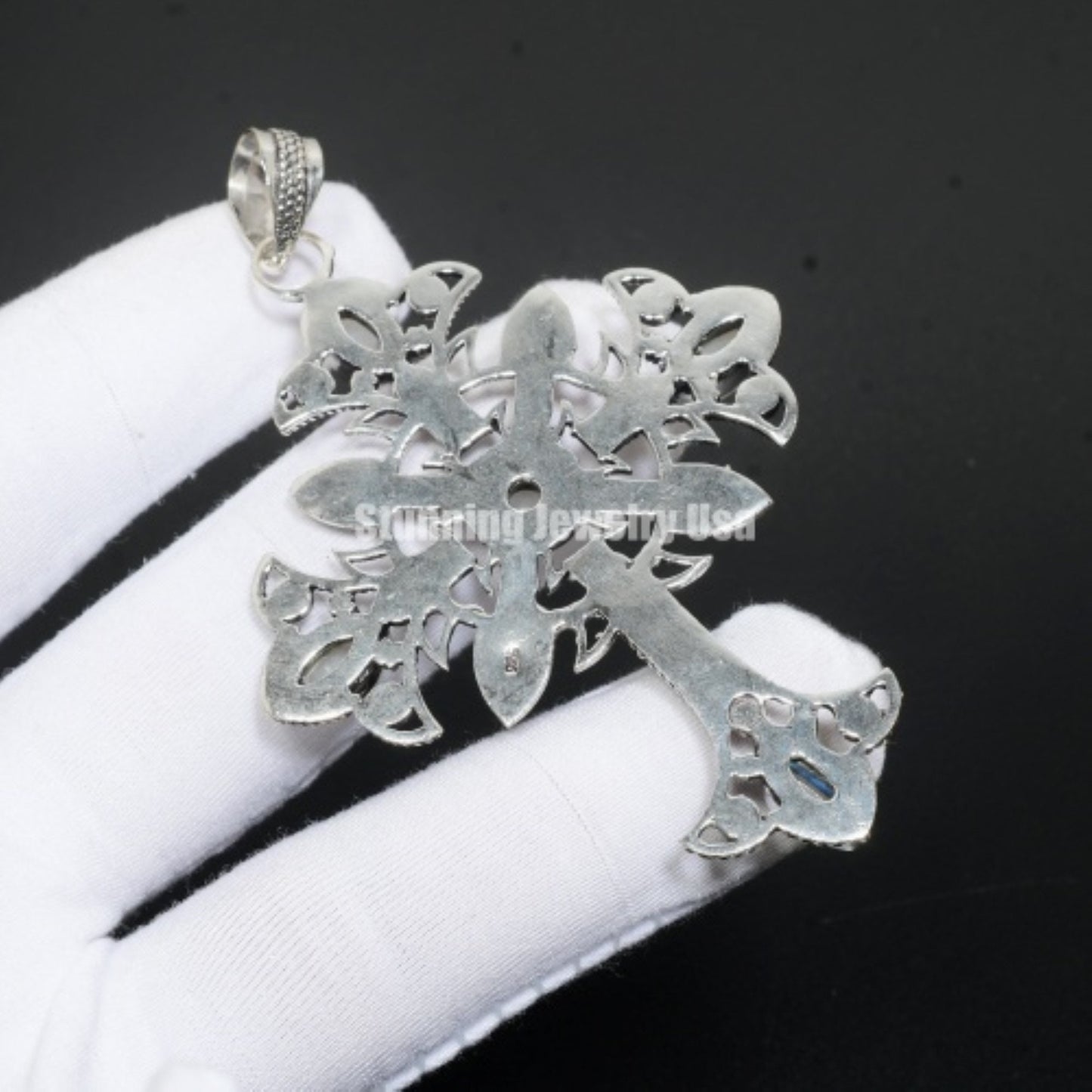 Rainbow Moonstone Gemstone Sterling Silver Cross Pendant