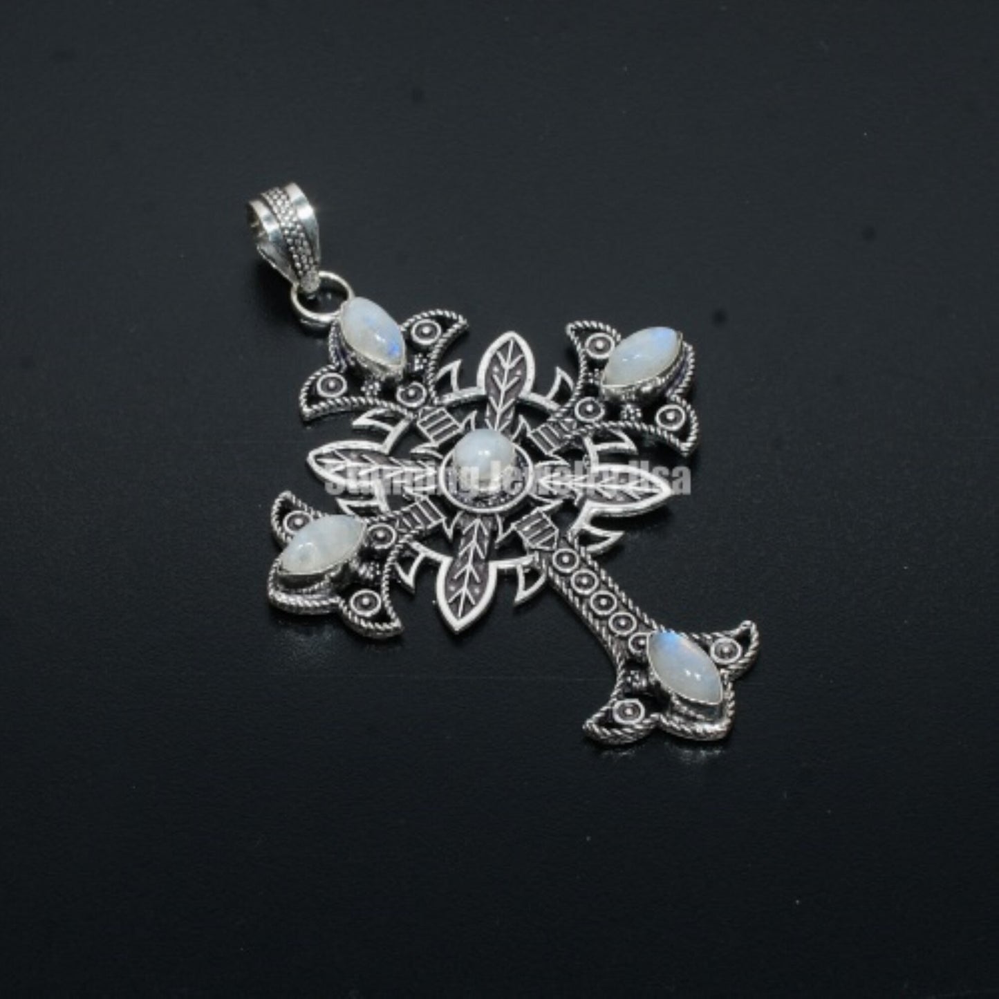 Rainbow Moonstone Gemstone Sterling Silver Cross Pendant