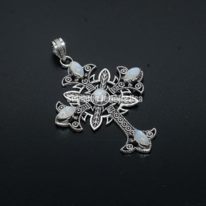 Rainbow Moonstone Gemstone Sterling Silver Cross Pendant