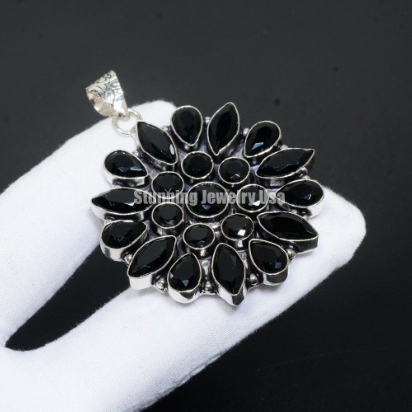 Black Spinel Gemstone Flower Pendant