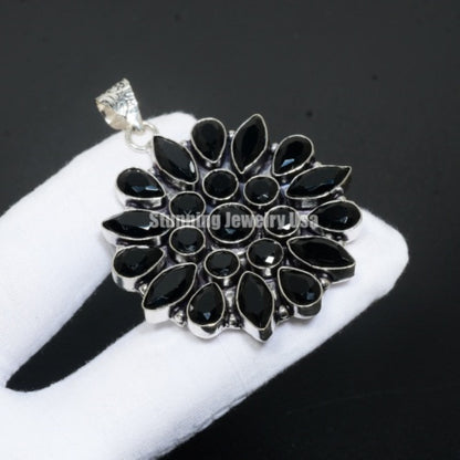 Black Spinel Gemstone Flower Pendant