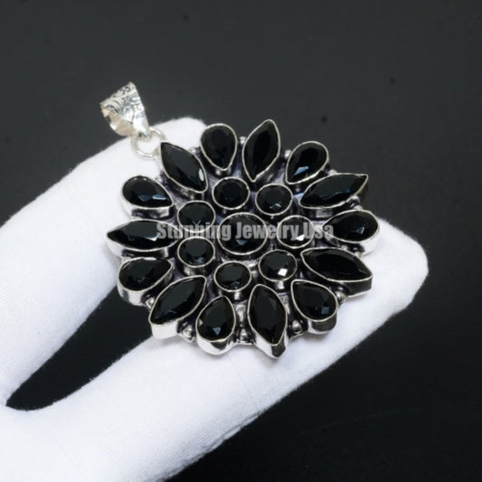 Black Spinel Gemstone Flower Pendant