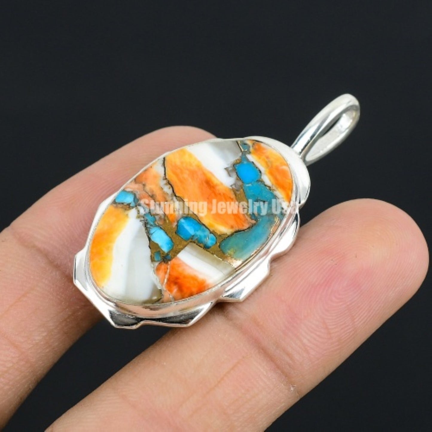 Orange Spiny Oyster Turquoise Gemstone Pendant