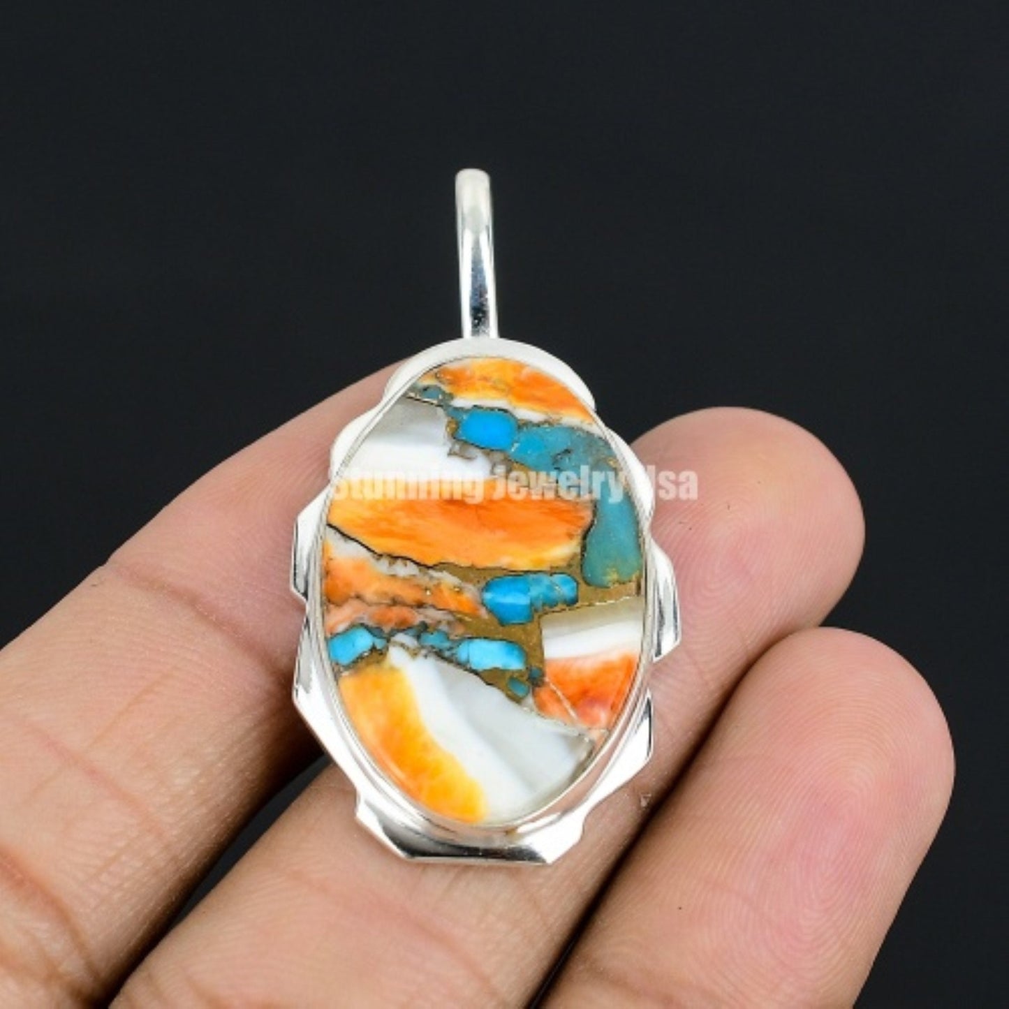 Orange Spiny Oyster Turquoise Gemstone Pendant