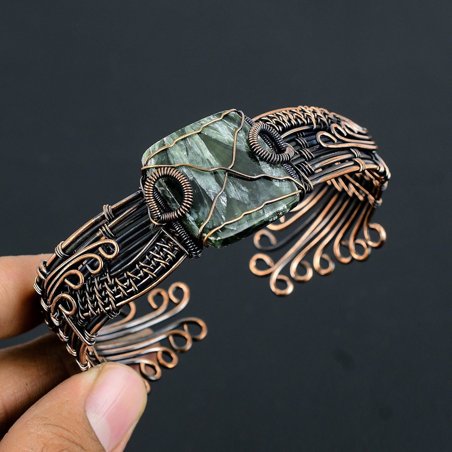 Green Seraphinite Gemstone Copper Cuff Bracelet