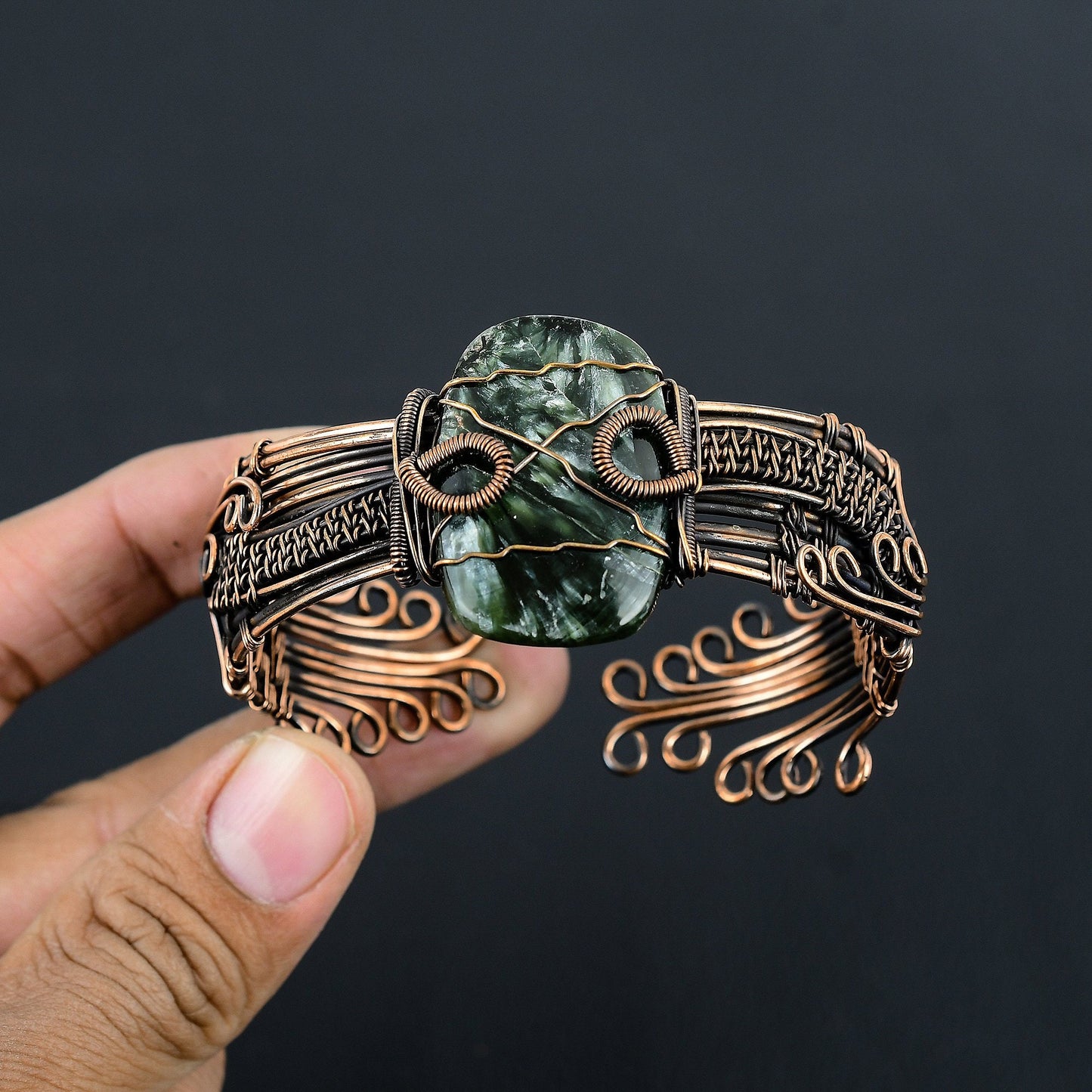 Green Seraphinite Gemstone Copper Cuff Bracelet