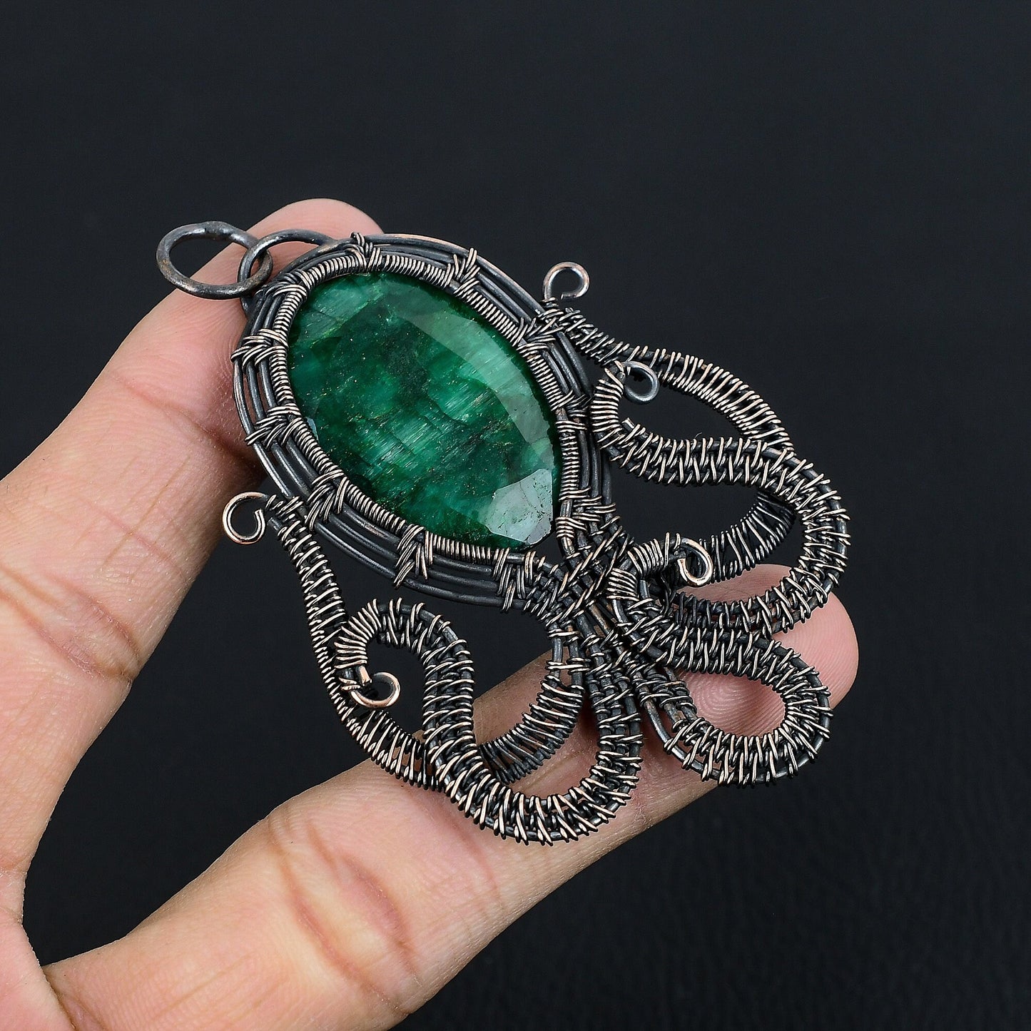 Green Emerald Gemstone Octopus Pendant