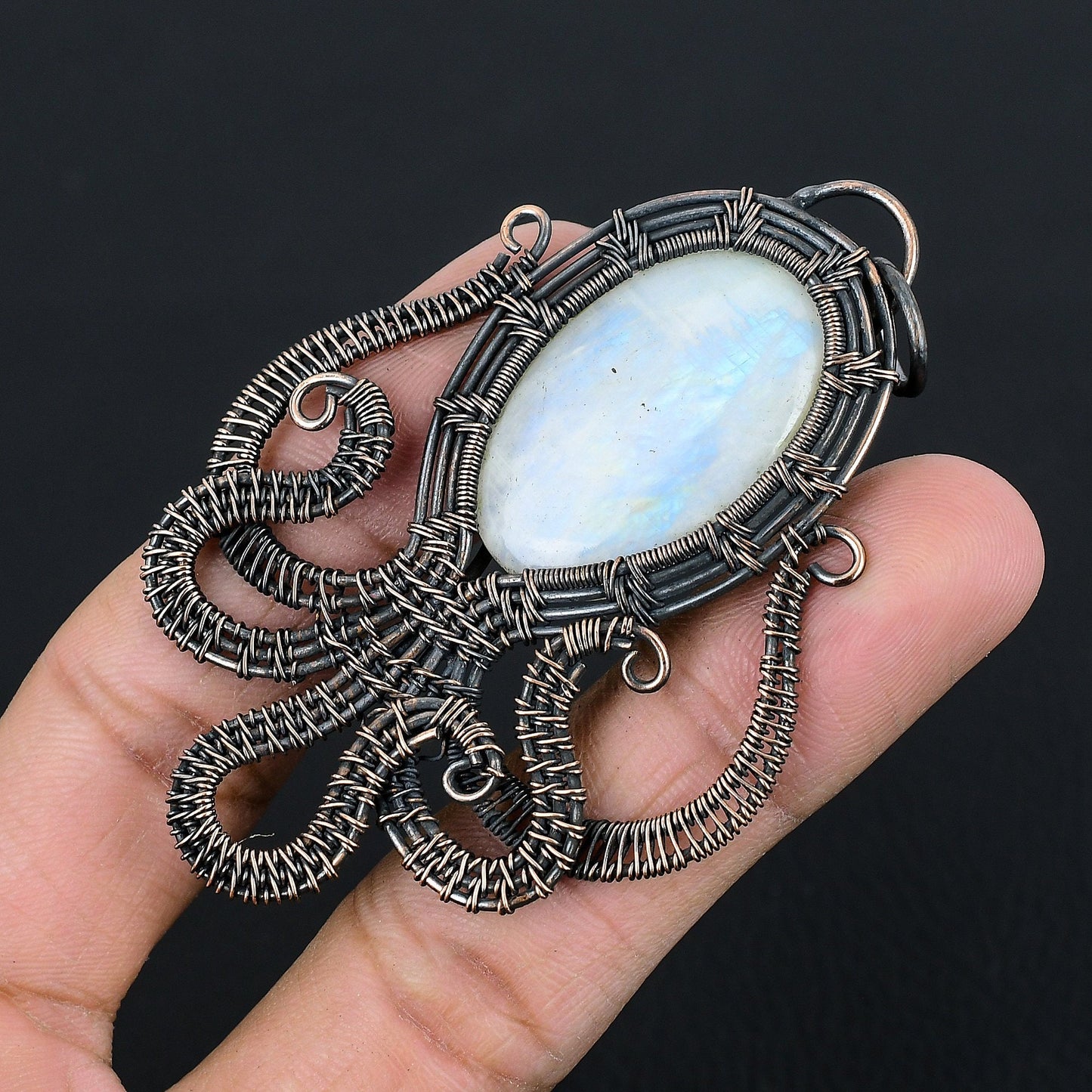 Copper Octopus Moonstone Gemstone Pendant