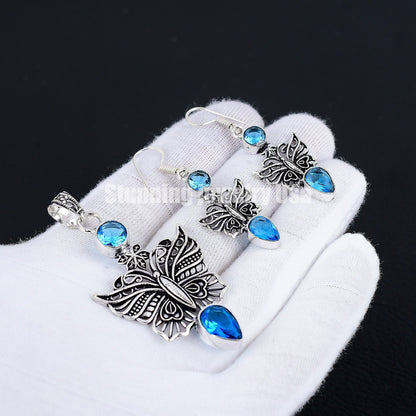 Swiss Blue Topaz Gemstone Earring & Pendant Set