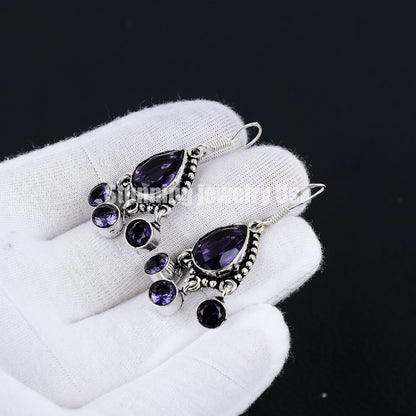 Purple Amethyst Gemstone Silver Earrings
