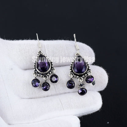 Purple Amethyst Gemstone Silver Earrings