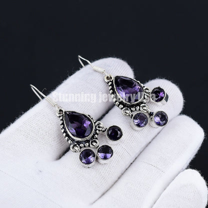 Purple Amethyst Gemstone Silver Earrings