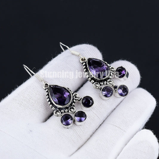 Purple Amethyst Gemstone Silver Earrings