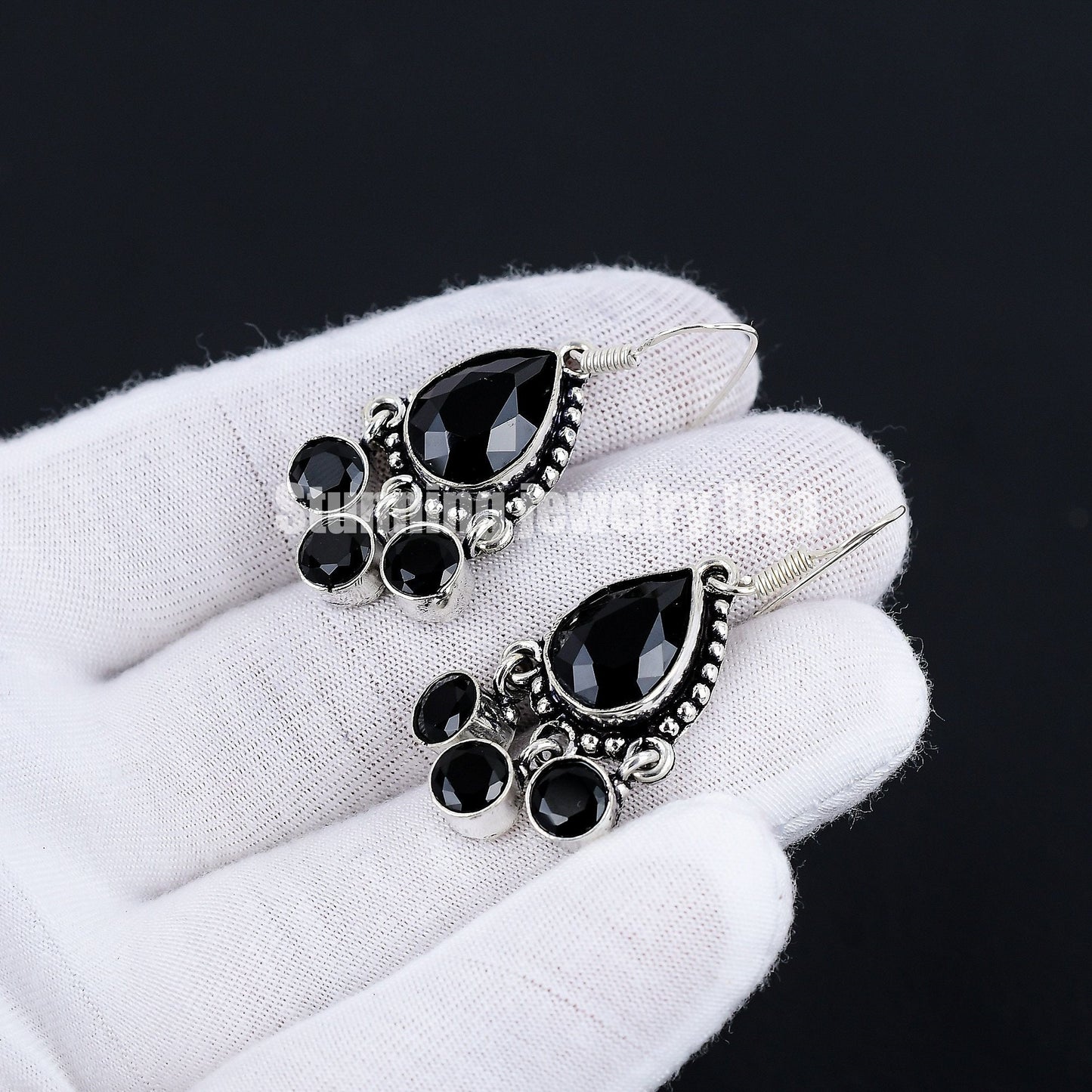 Black Spinel Pear Cut Silver Earrings